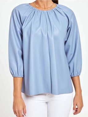 Faux leather Womens Light Blue Gathered Neck 3/4 Sleeve Top